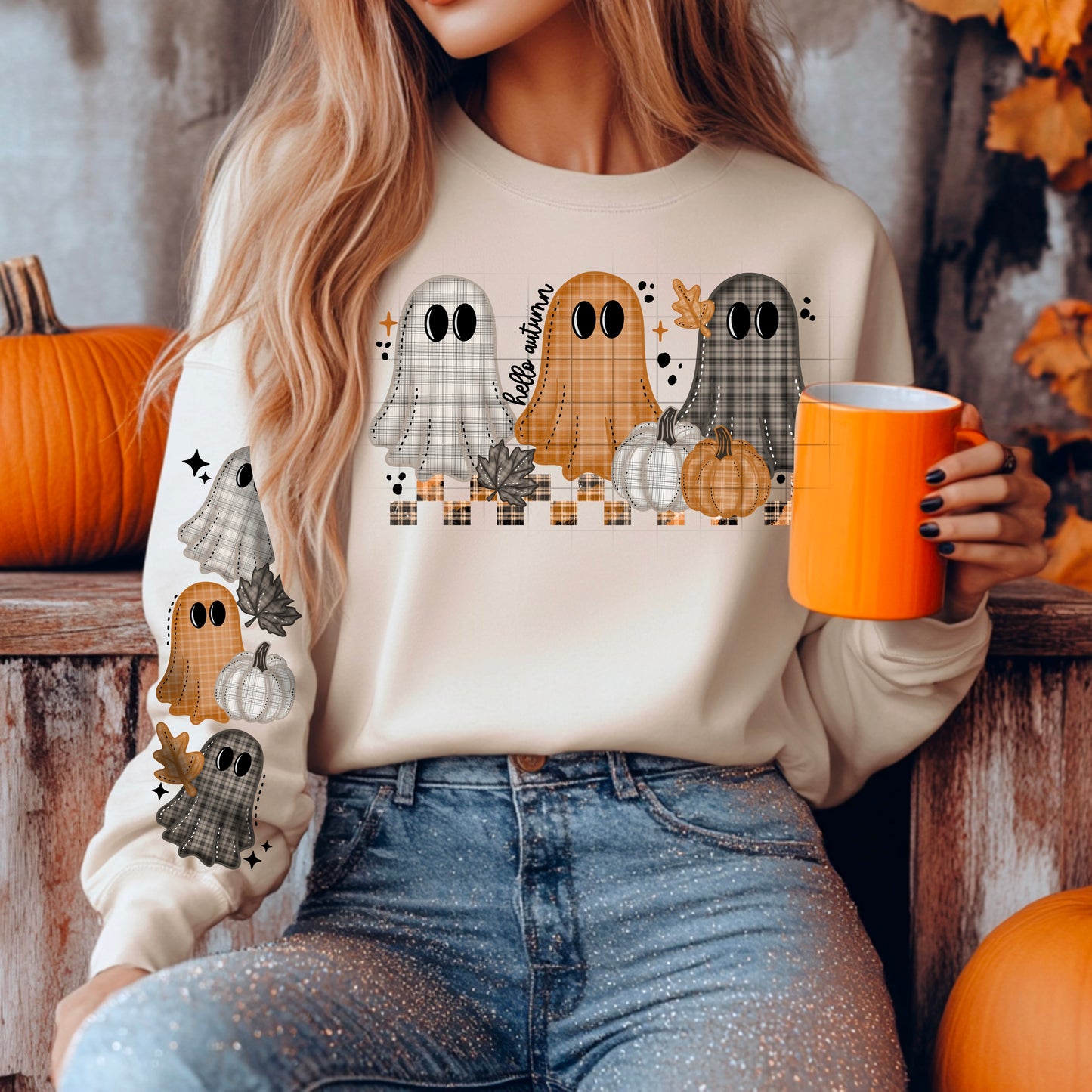 Plaid Ghosts Hello Fall w/ Optional Sleeve