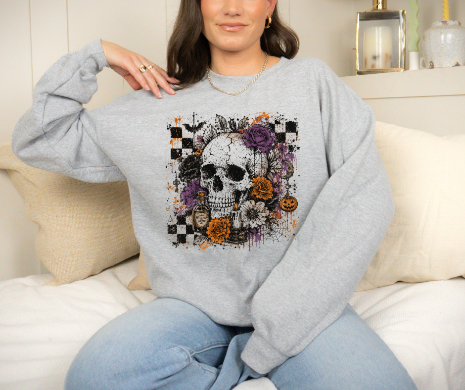Skull Purple and Orange Flowers Halloween
